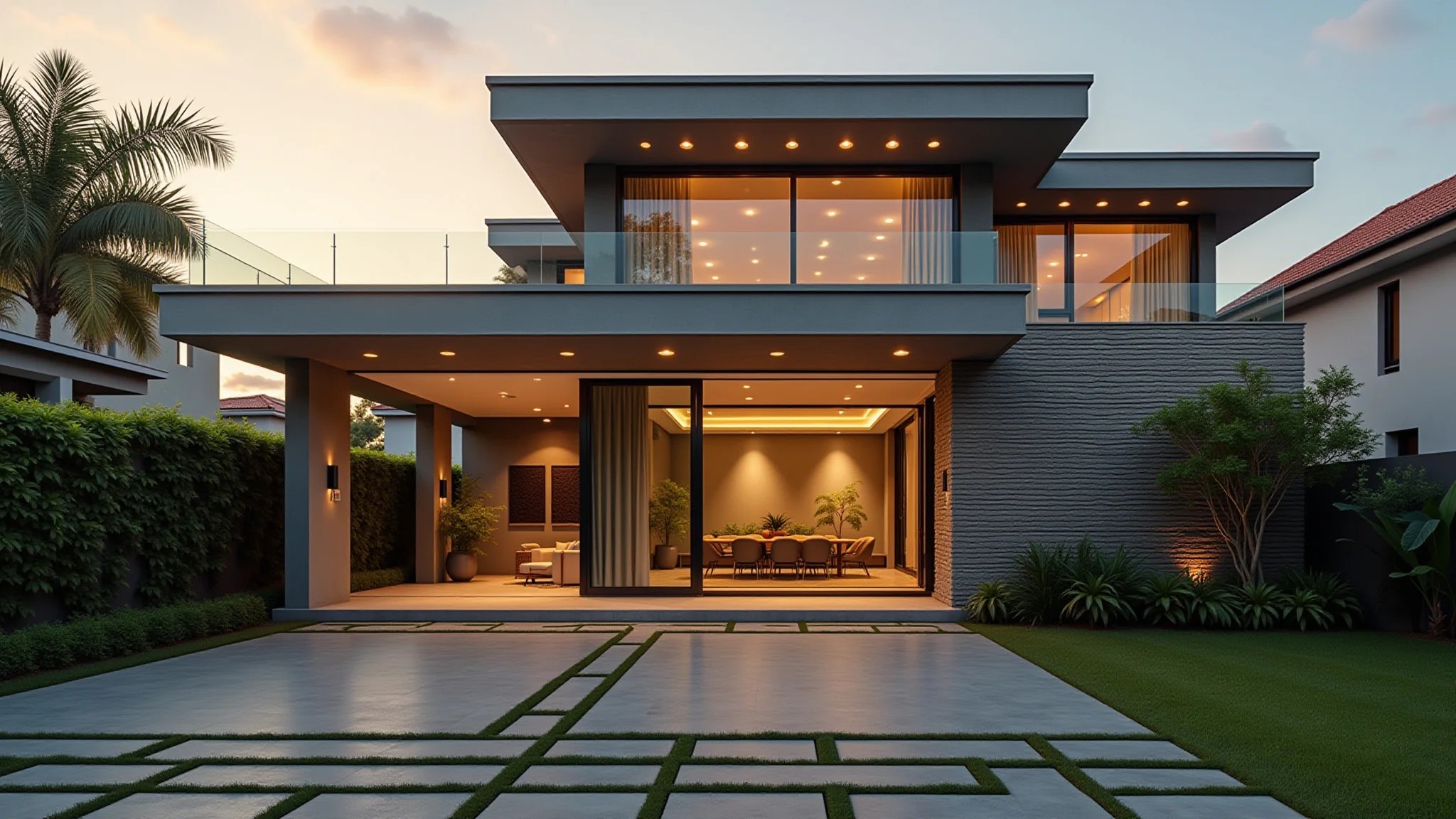 Sistema moderno de captação de água da chuva integrado ao design de uma casa brasileira.