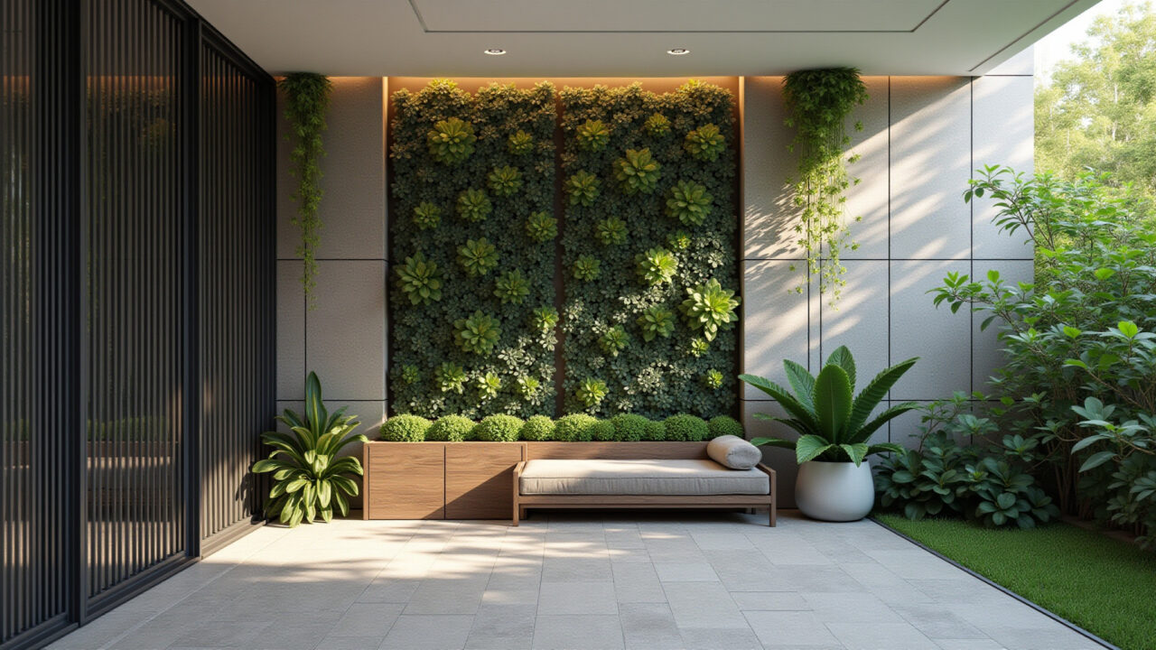 Jardim vertical moderno feito com blocos de concreto e suculentas.