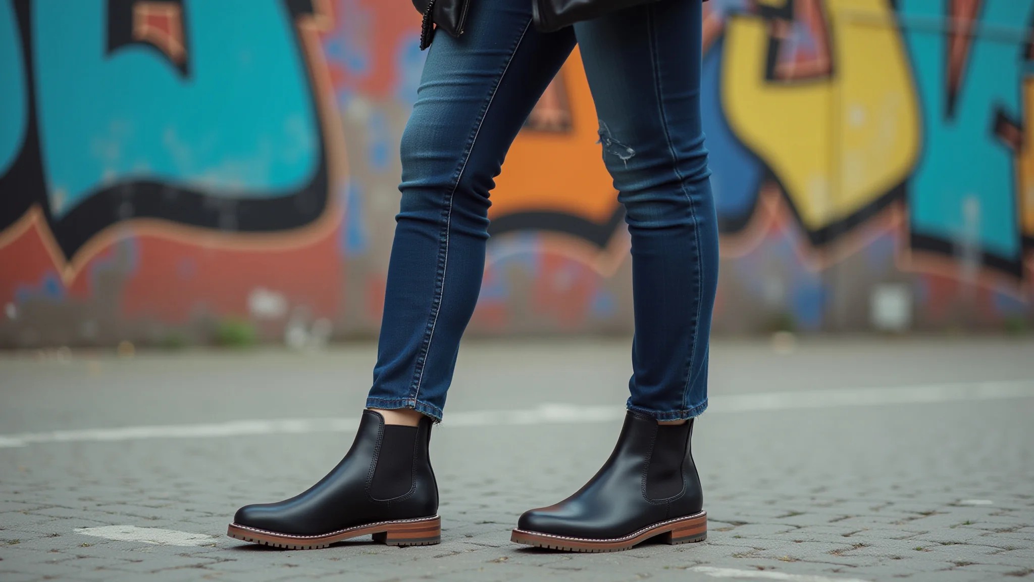 Mulher moderna com bota Chelsea tratorada, jeans e jaqueta em São Paulo.