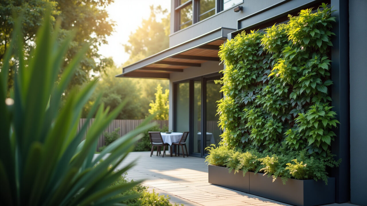 Jardim vertical modular com irrigação automática em estilo brasileiro.