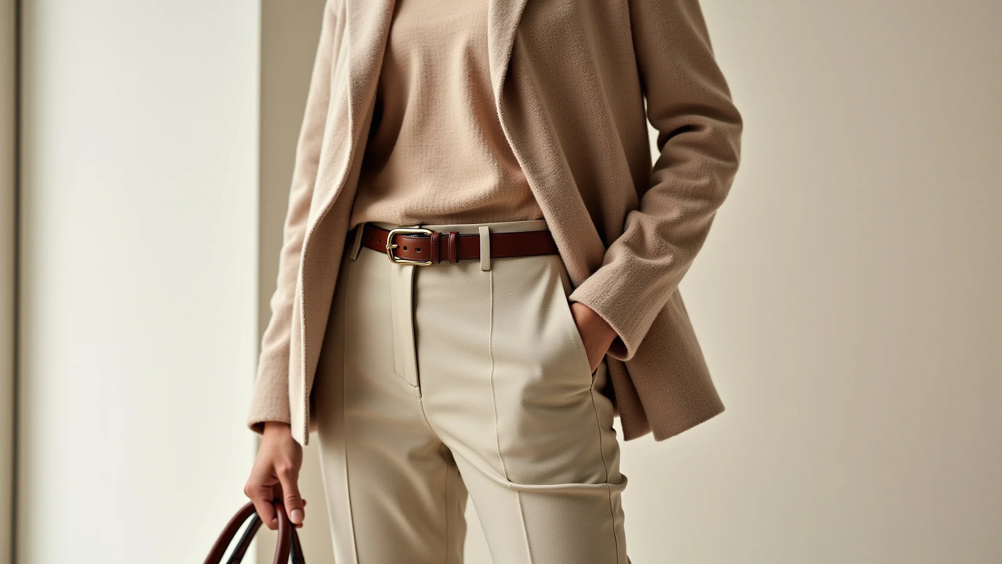 Look monocromático bege com calça de alfaiataria, cardigan de cashmere e cinto de couro.