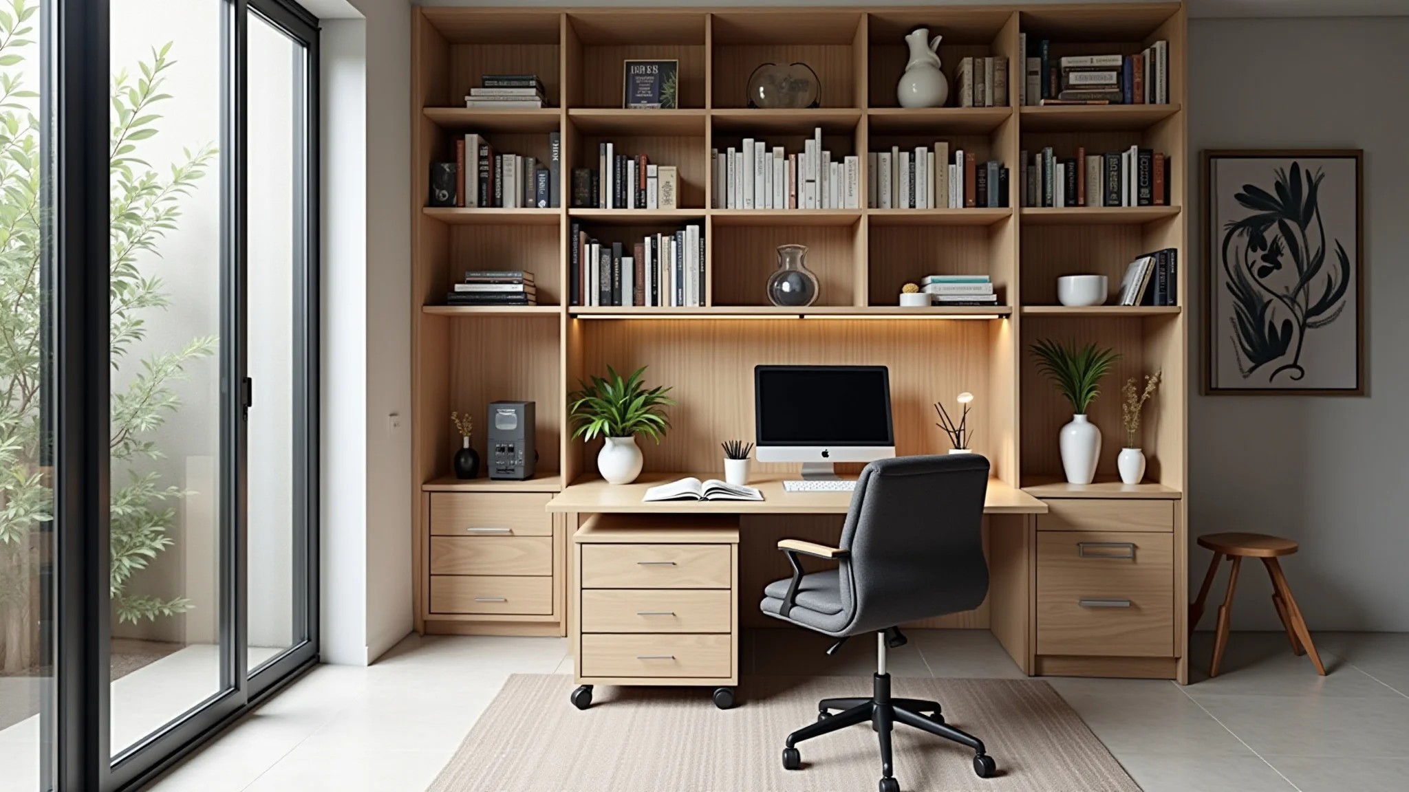 Home office multifuncional com estante divisória e armazenamento móvel em estilo brasileiro.