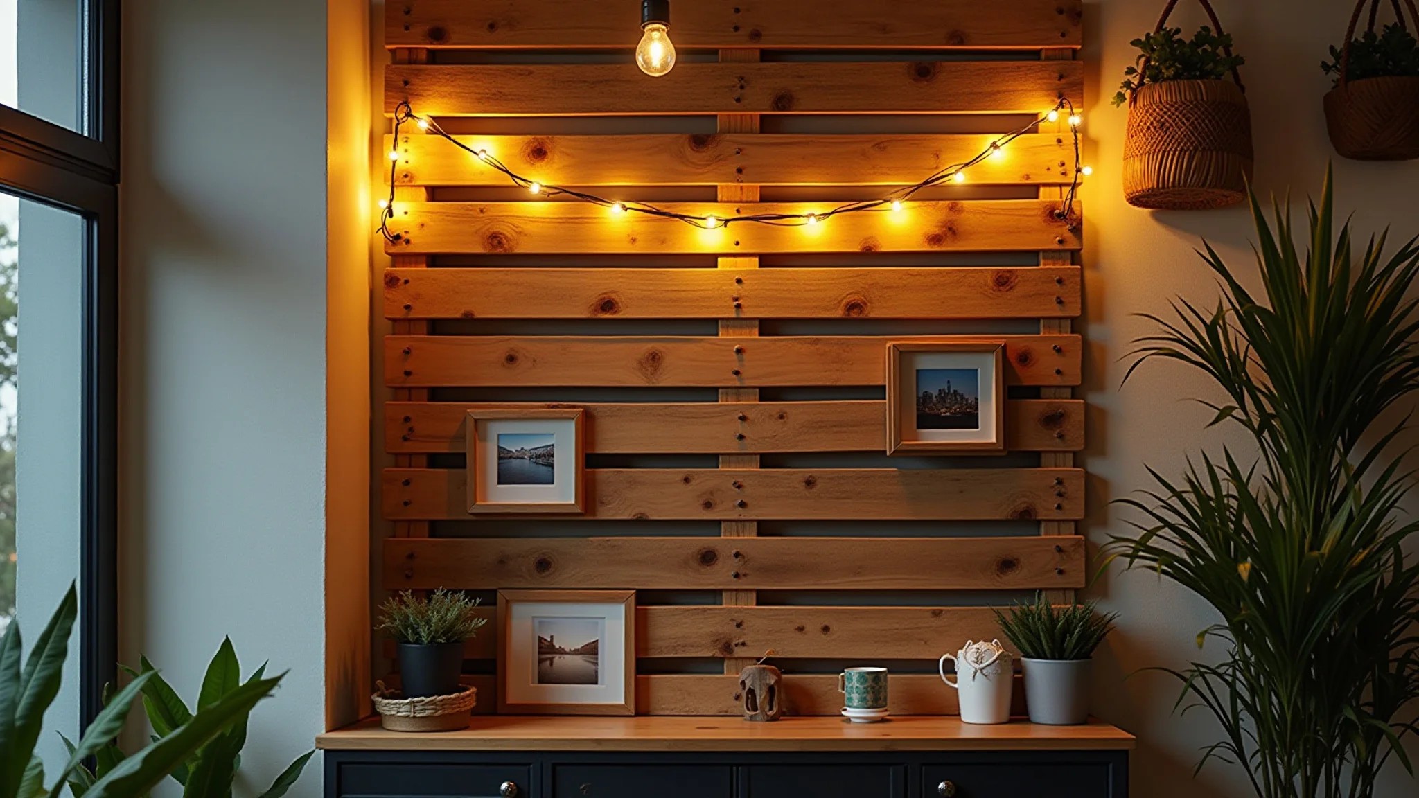 Painel de pallet decorado com luzes e fotos em quarto com estilo brasileiro.