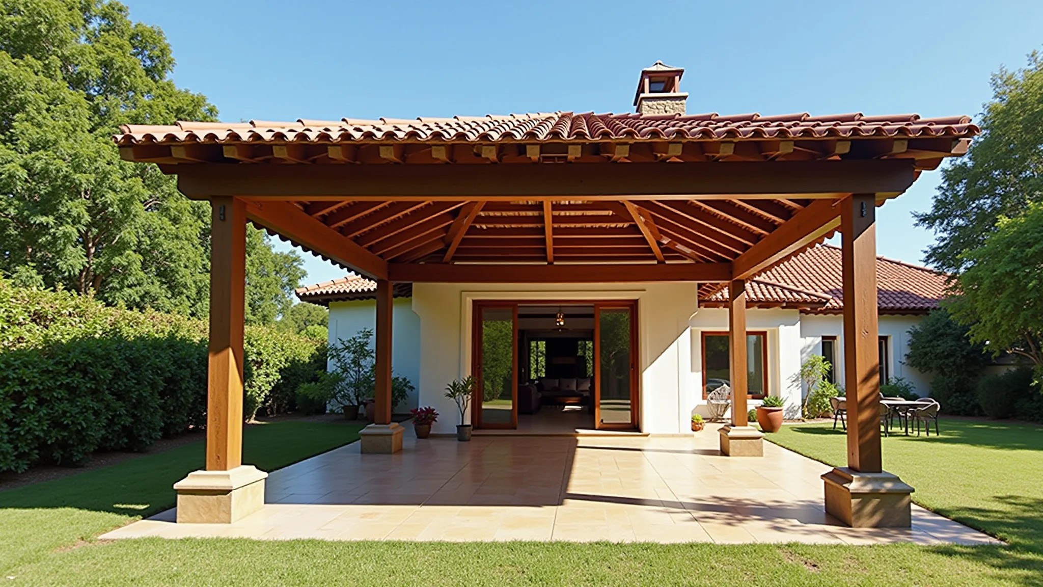 Pergolado com telhado em casa brasileira tradicional e jardim.