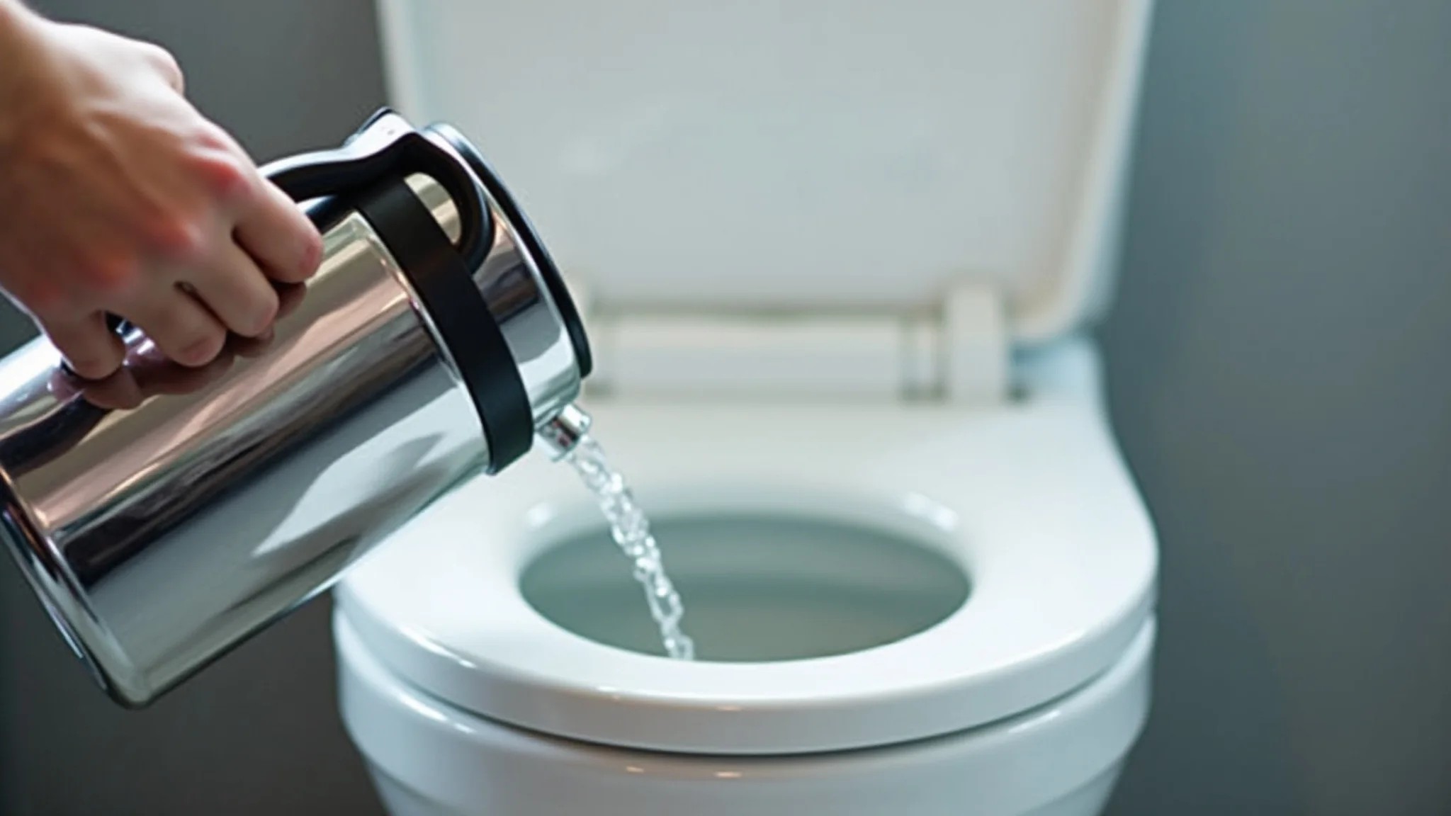 Água quente sendo despejada no vaso sanitário para desentupir.