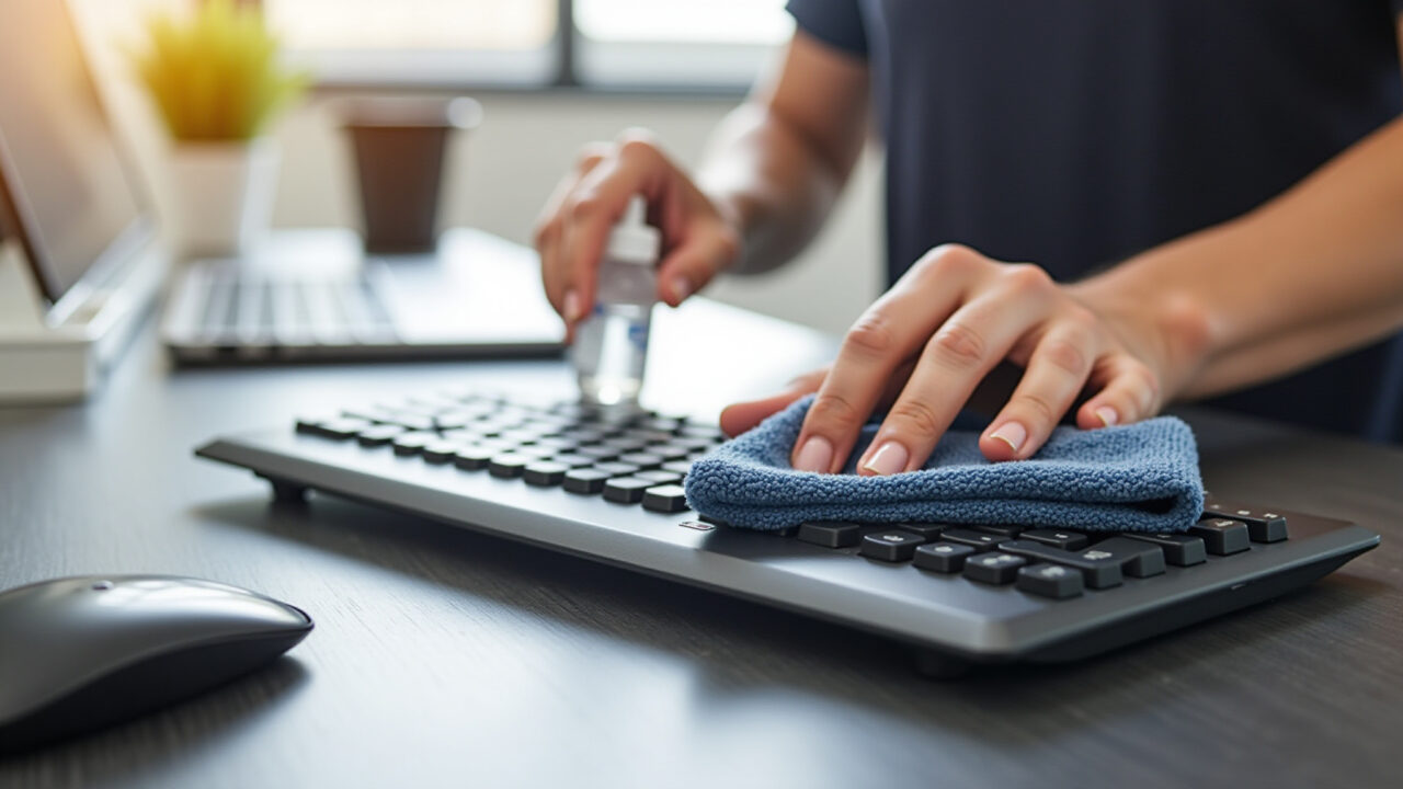 Álcool isopropílico sendo usado para desinfetar teclado de computador.