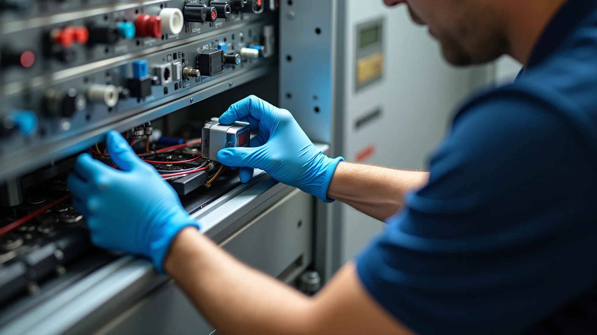 Eletricista instalando um interruptor bipolar com luvas de segurança e ferramentas adequadas.