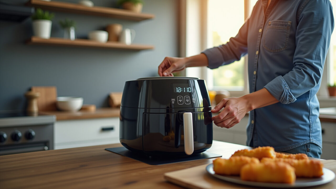 Pessoa pré-aquecendo air fryer em cozinha moderna.