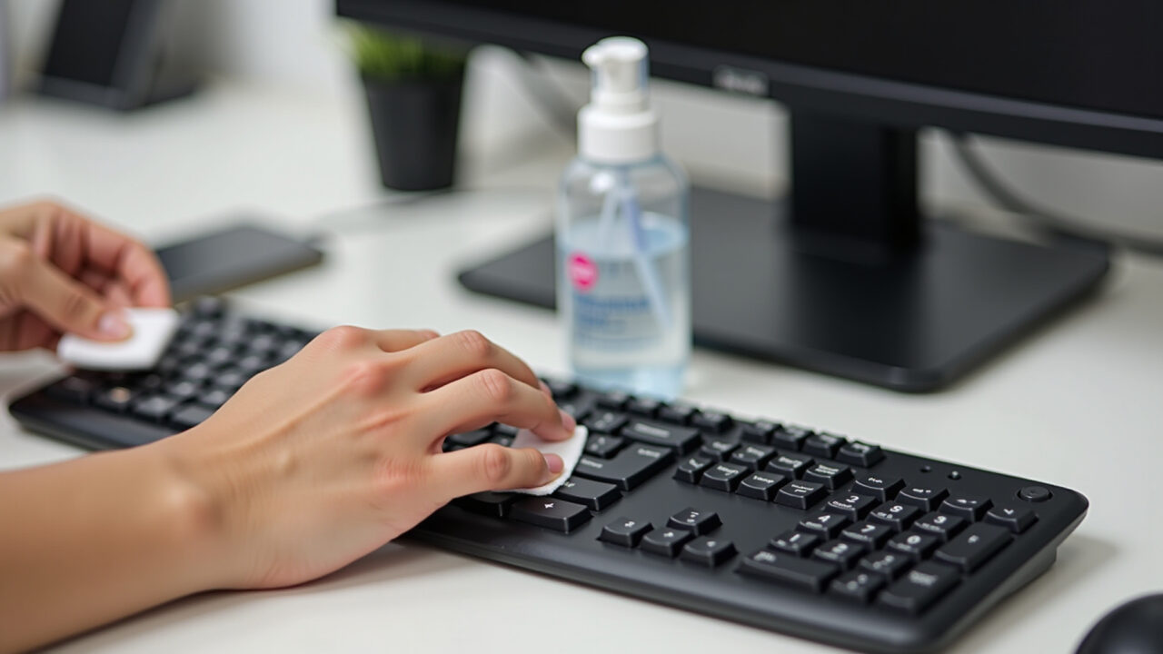 Removedor de maquiagem sendo usado para limpar manchas persistentes do teclado.