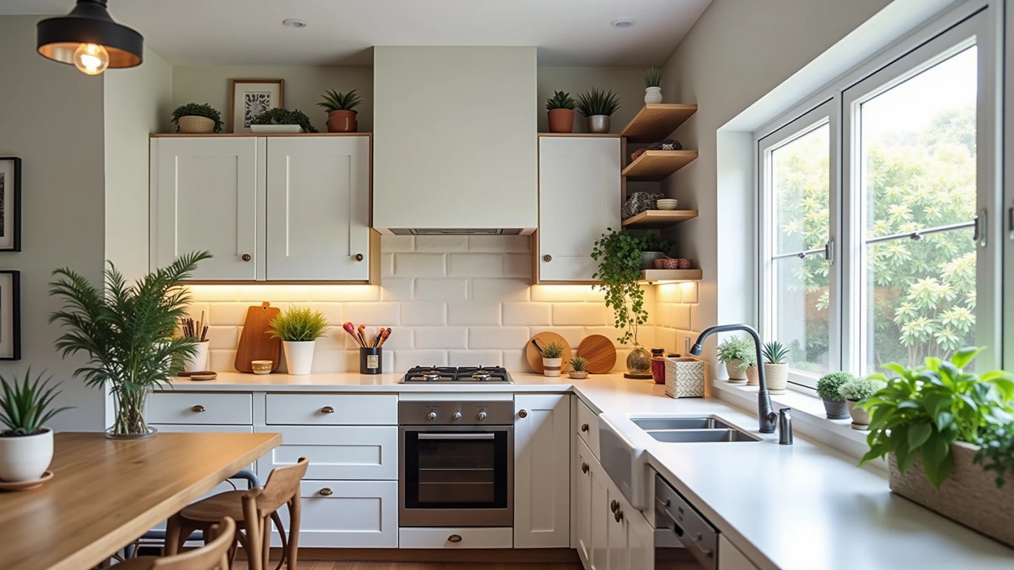 Cozinha americana personalizada com plantas e objetos decorativos.