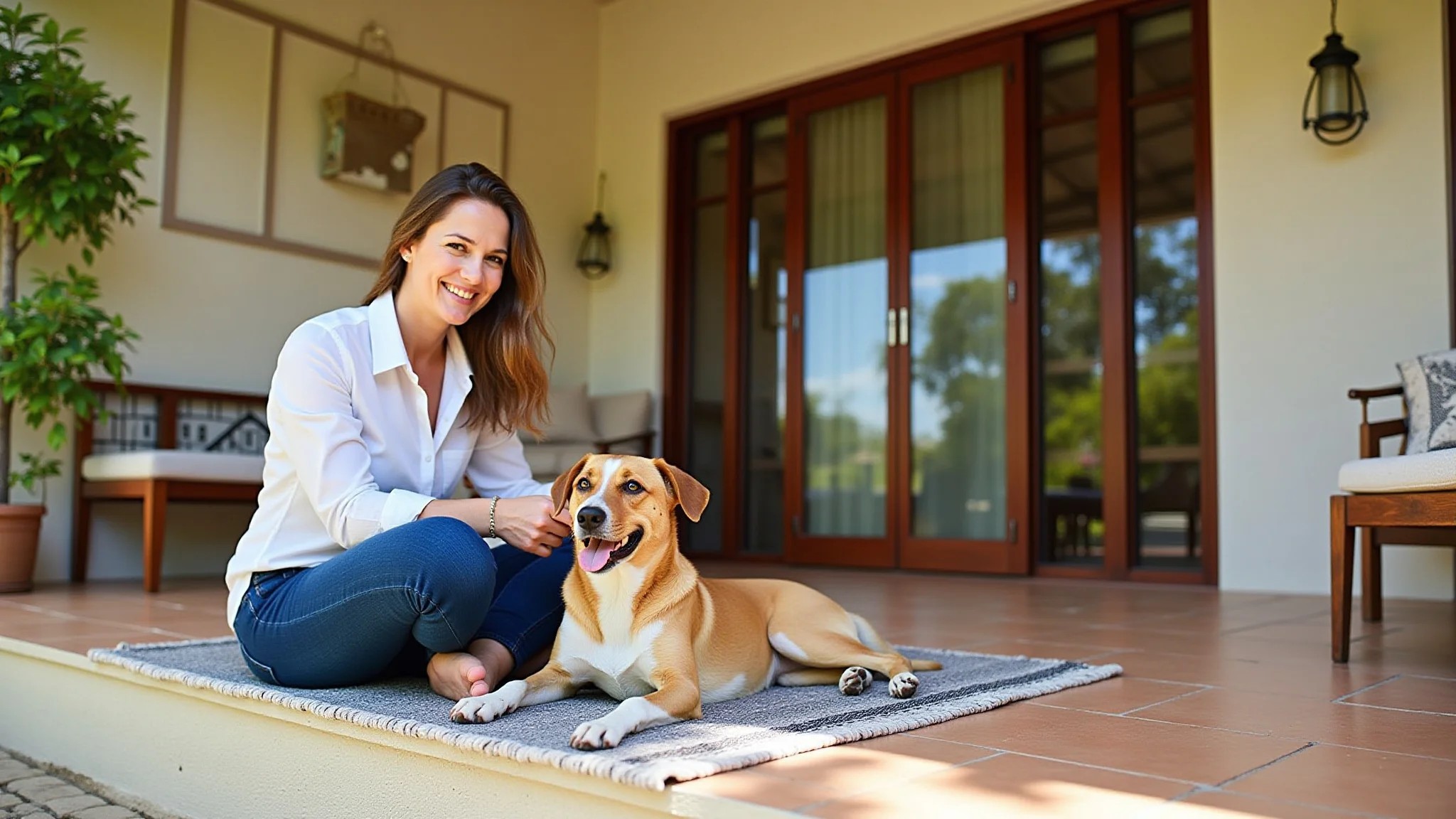 Pousada pet-friendly no Brasil, mulher e cachorro relaxando na varanda.