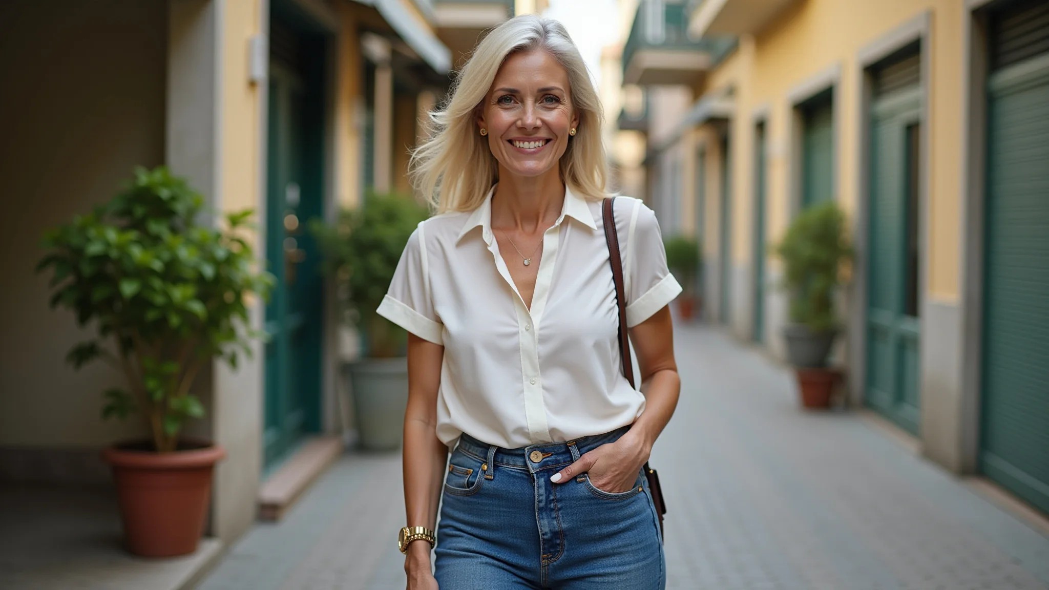Mulher 50 anos, baixinha, usando calça flare de cintura alta e blusa por dentro.