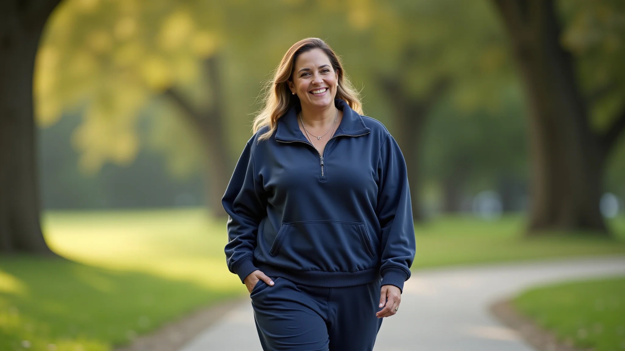 Mulher plus size brasileira usando conjunto de moletom azul marinho em parque.
