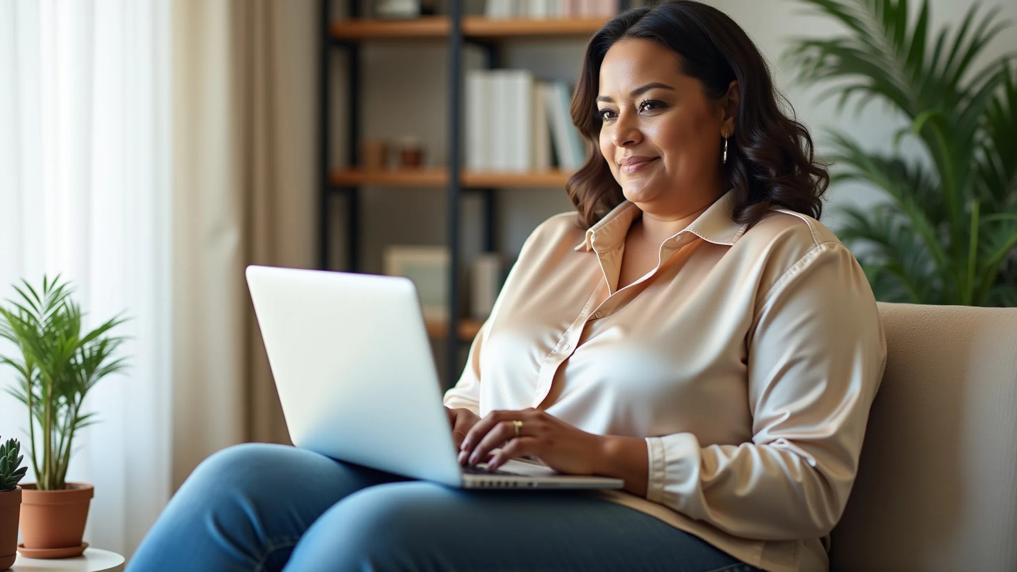 Mulher brasileira plus-size de 40 anos usando mom jeans e blusa de seda, trabalhando em casa.