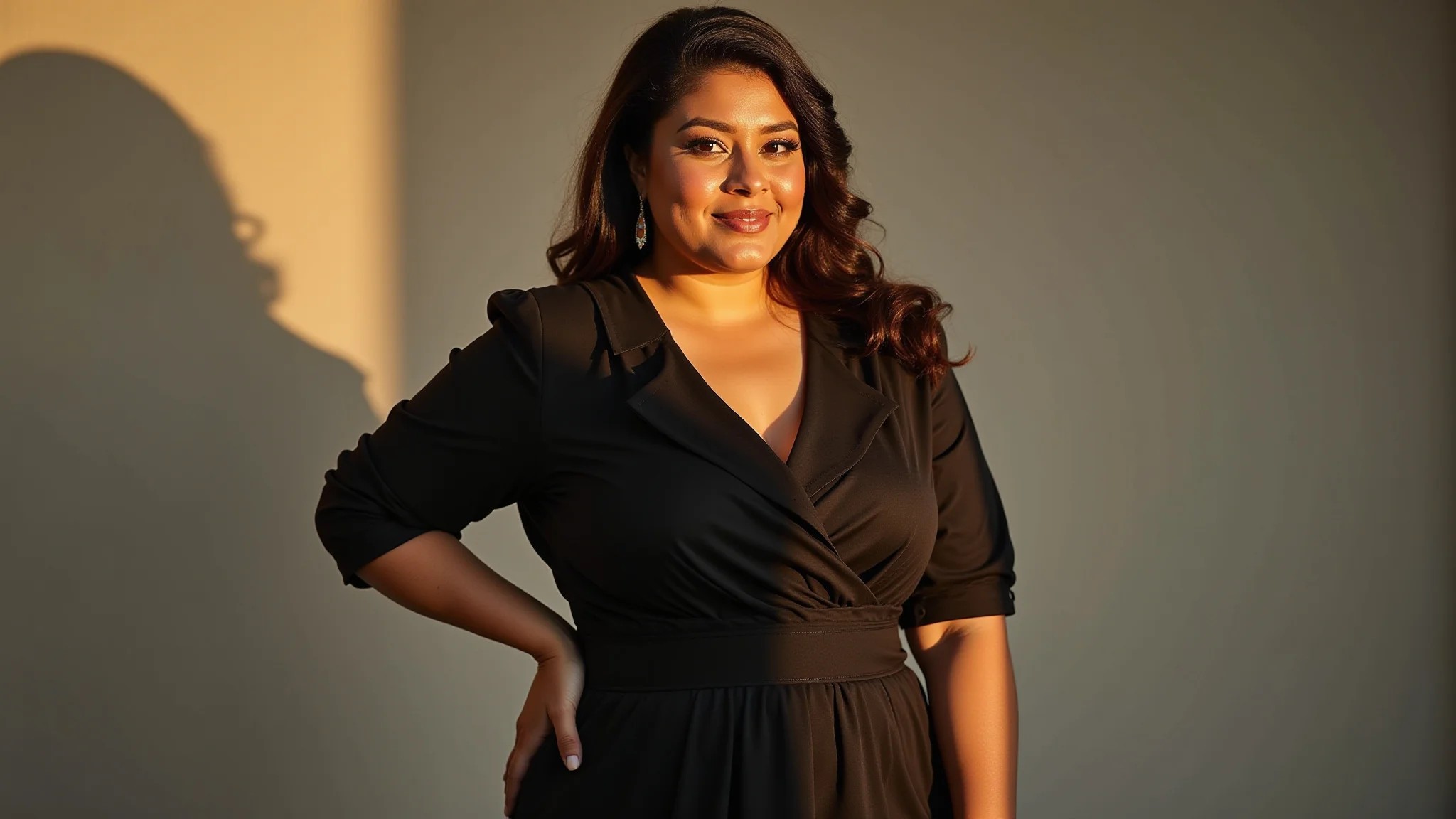 Mulher plus-size usando vestido escuro que valoriza suas curvas, com iluminação suave.
