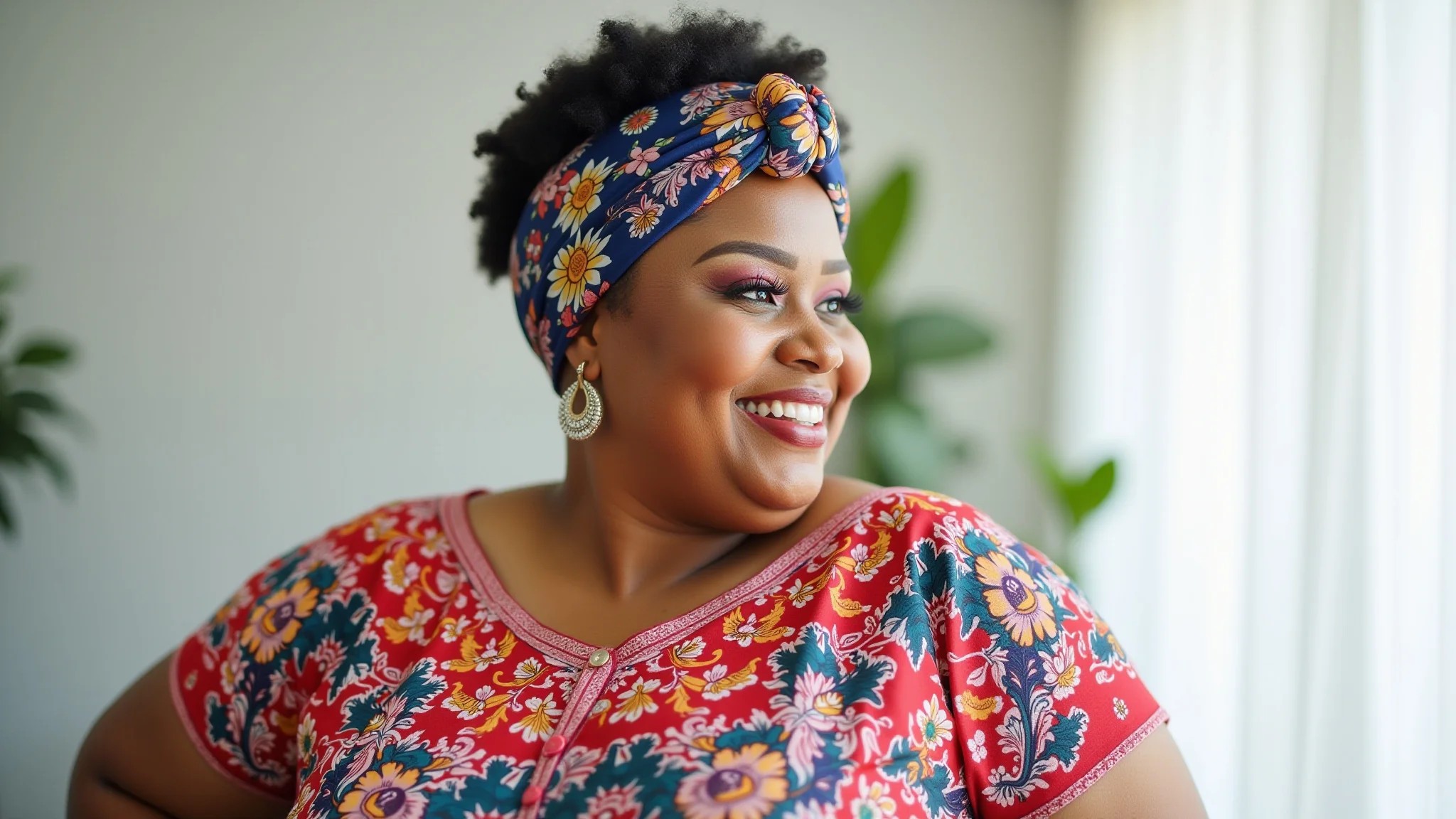 Mulher brasileira plus size com lenço de seda como turbante, pose confiante.