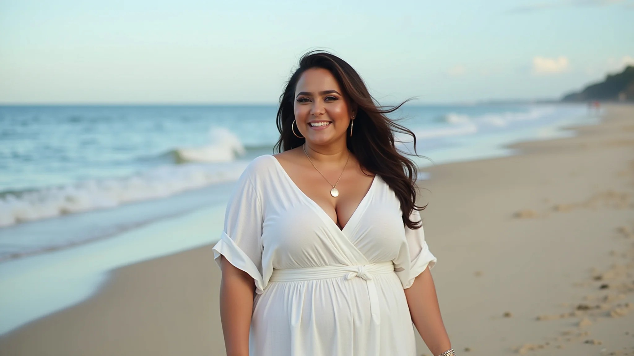 Mulher plus size em vestido de linho branco estiloso na praia, celebrando o Réveillon.