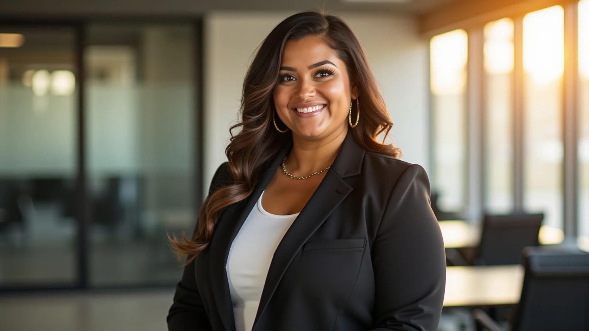 Mulher plus size com blazer da Mel Ravasio Brand, transmitindo sofisticação e confiança.
