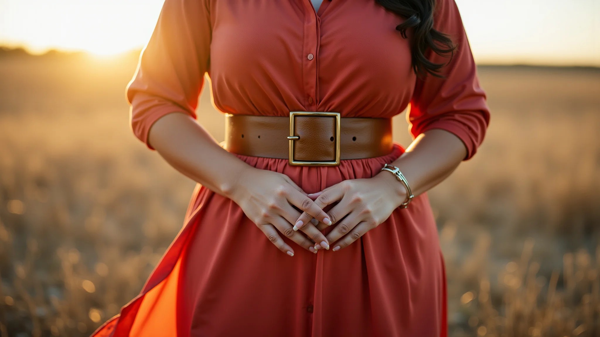 Mulher plus-size usando um cinto largo sobre um vestido solto, valorizando a cintura.