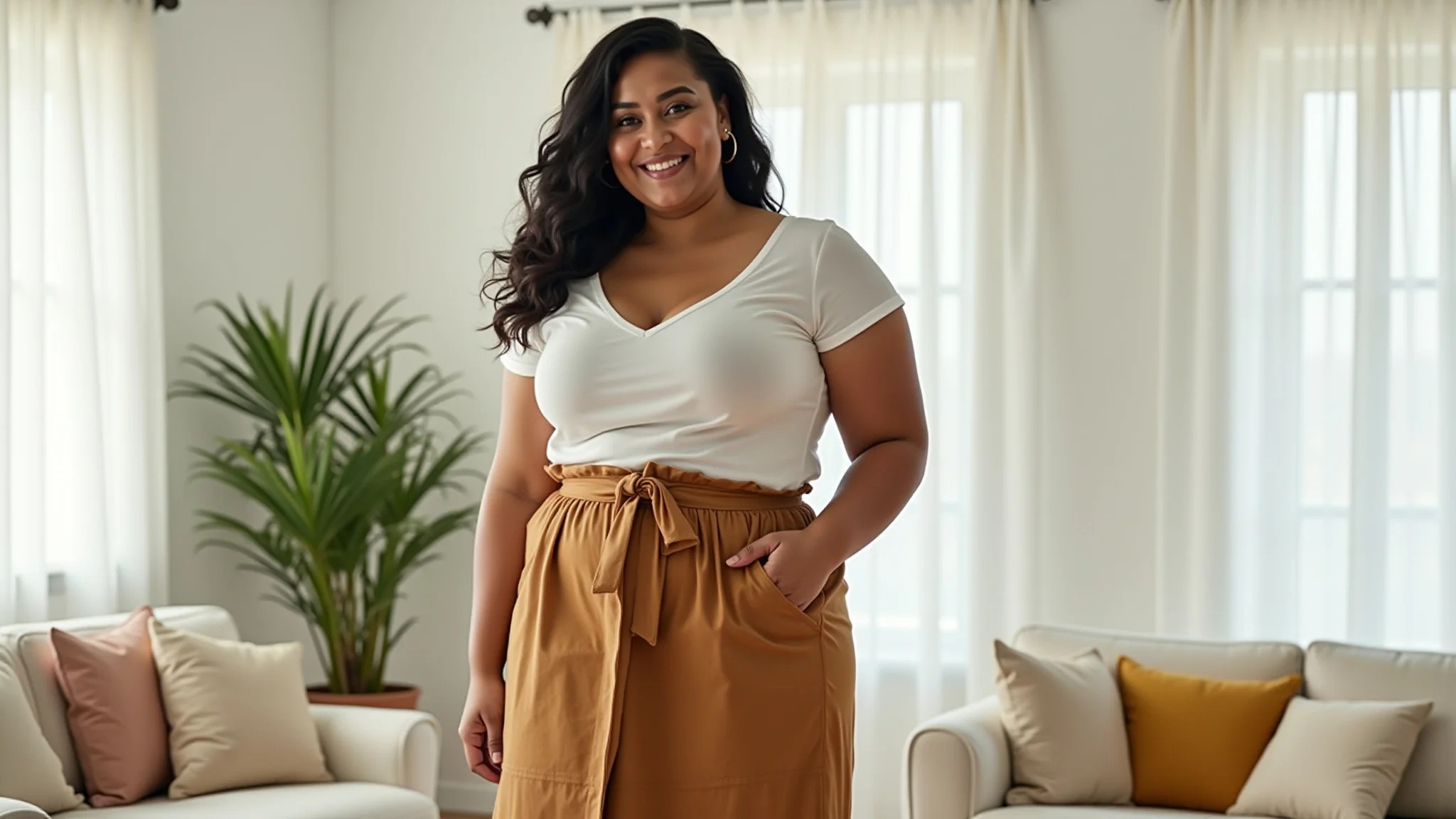 Mulher plus size com saia midi de cintura alta, alongando a silhueta.