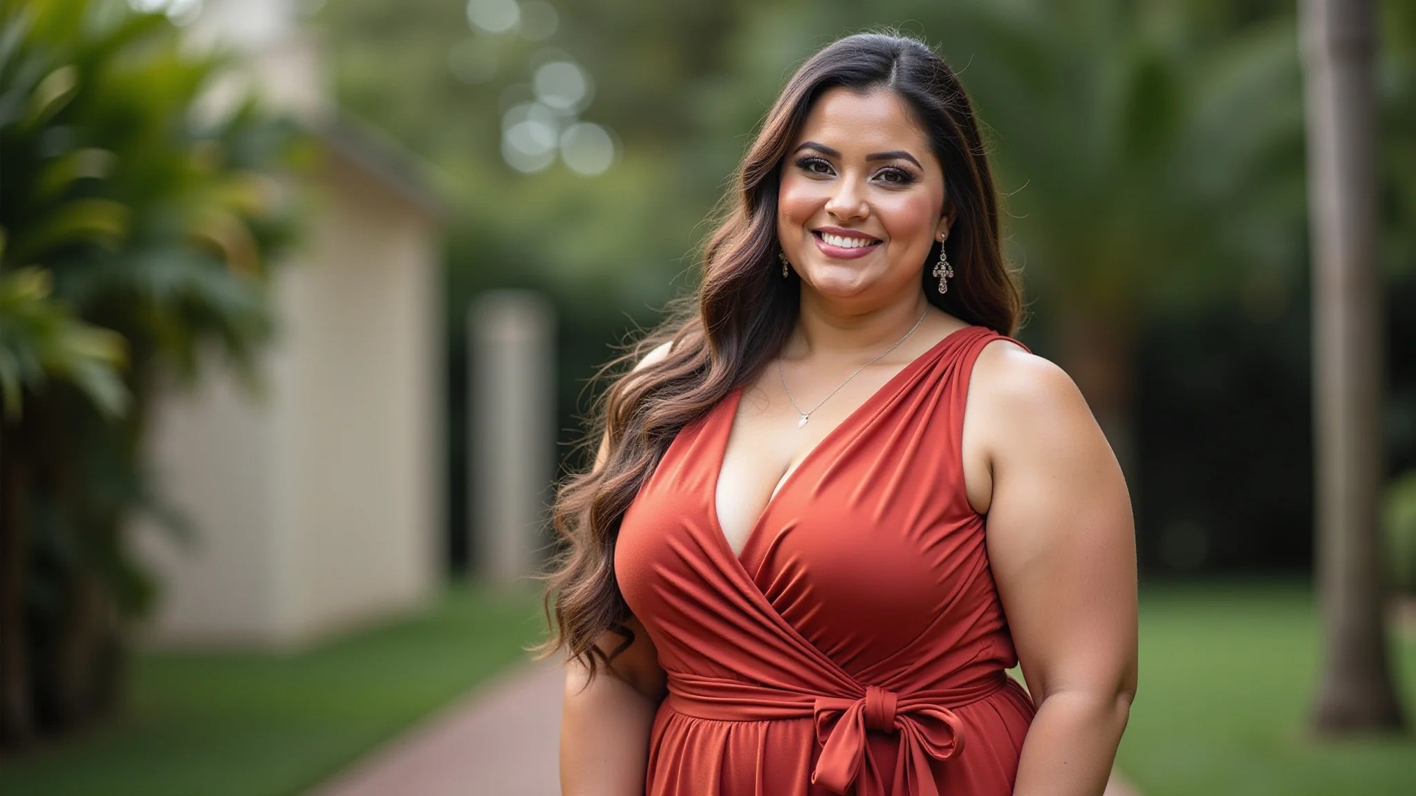 Mulher plus-size vestindo um macacão estiloso em um casamento, com iluminação natural e estilo brasileiro.