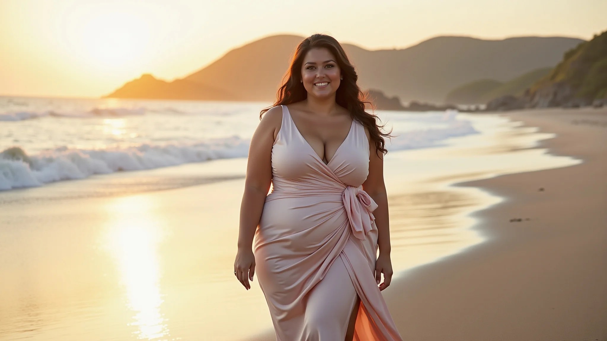 Mulher plus size usando saia envelope longa e elegante em casamento na praia.