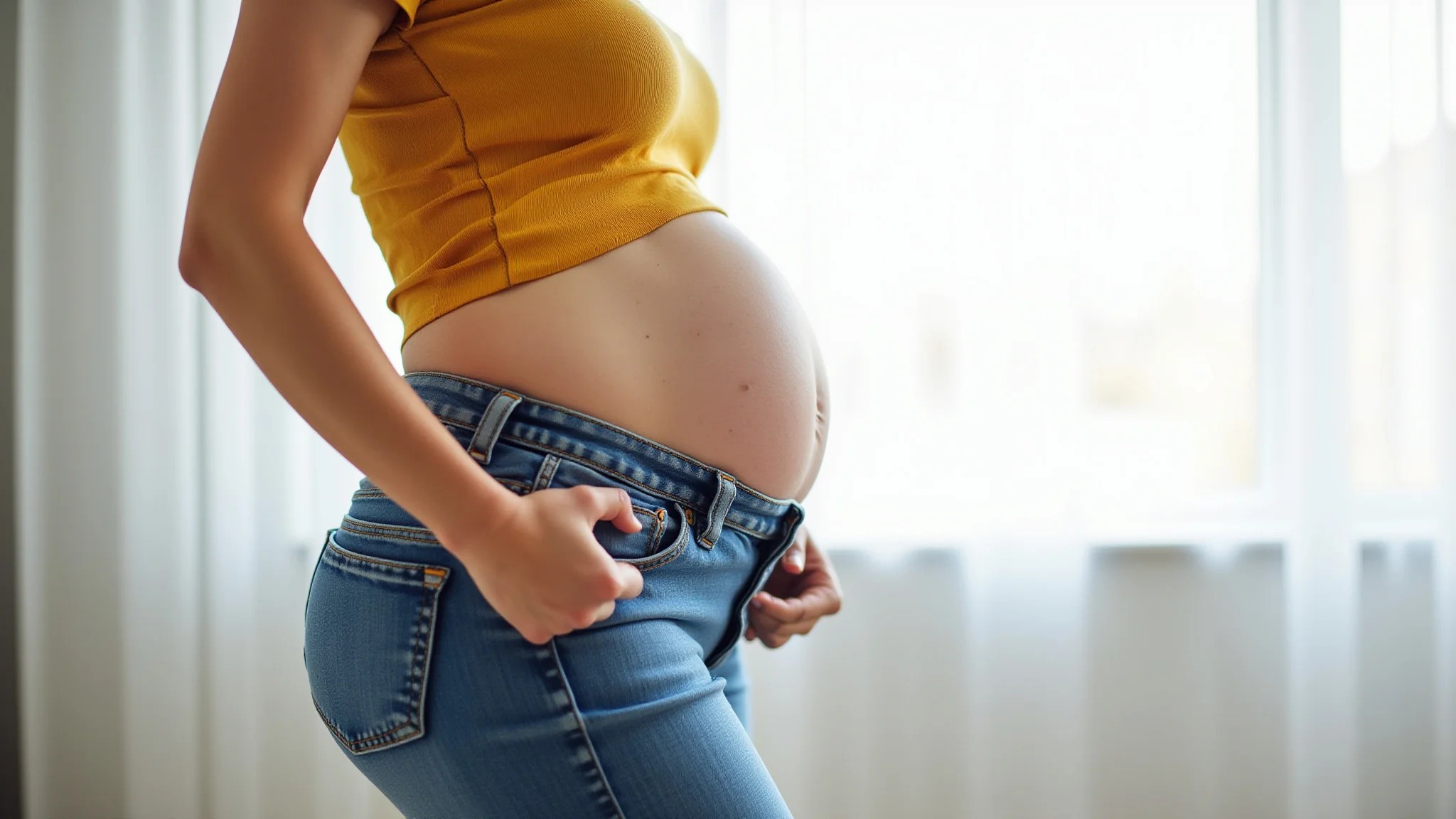 Gestante adaptando jeans normal com elástico para usar na gravidez.