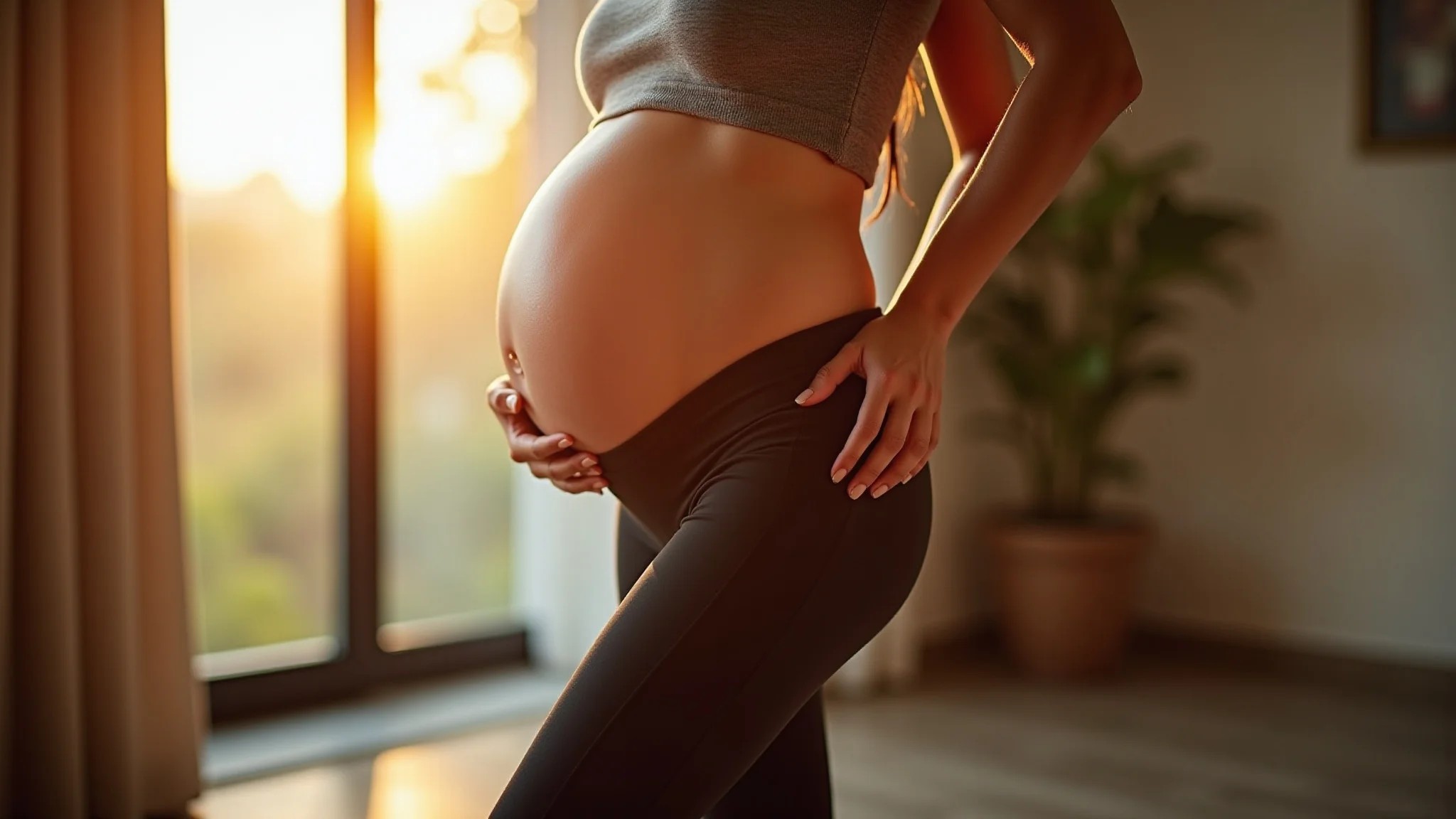 Gestante em leggings de maternidade estilosa, luz dourada suave, casa brasileira.