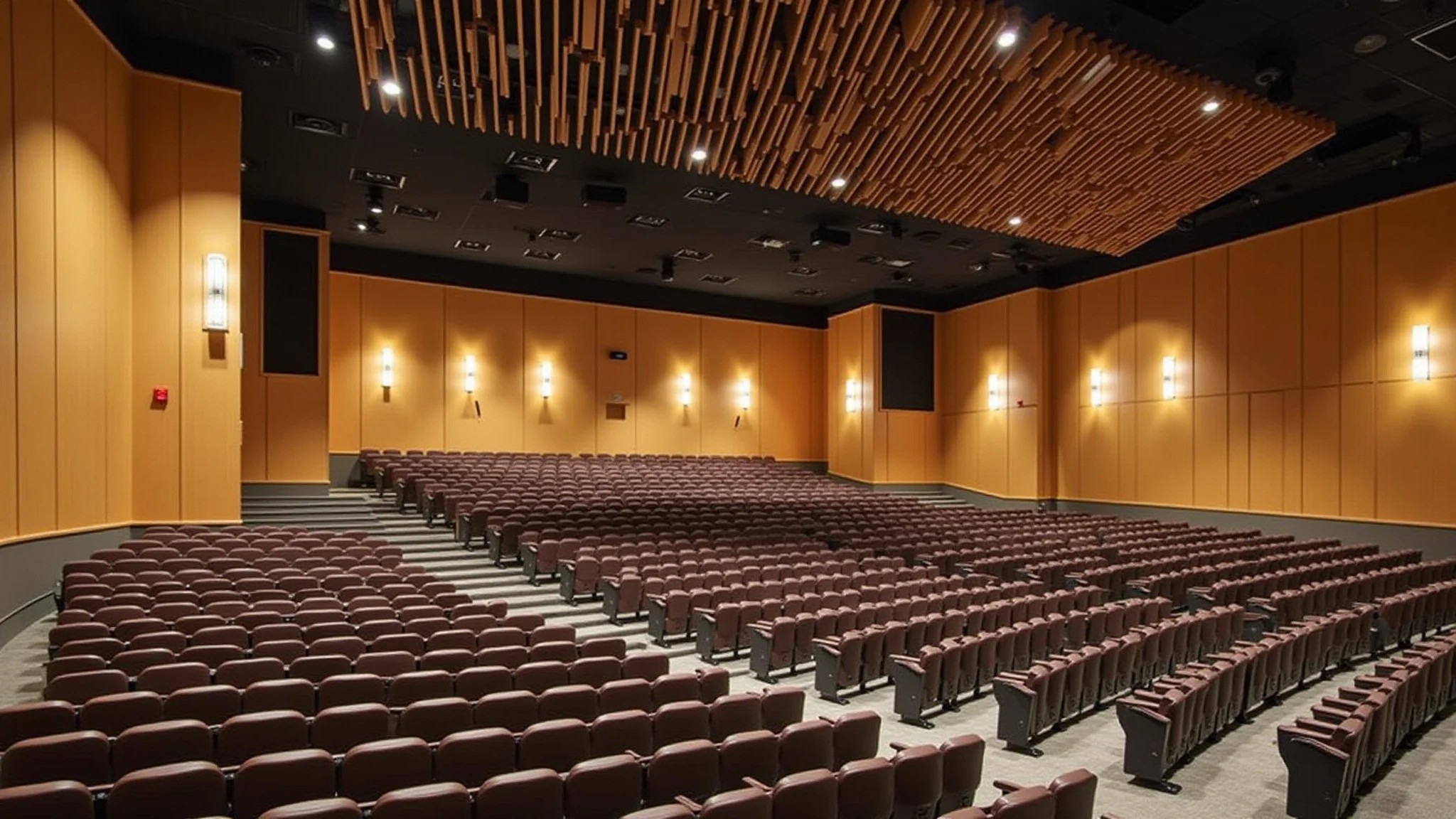 Interior de teatro reformado com painéis acústicos e assentos confortáveis.