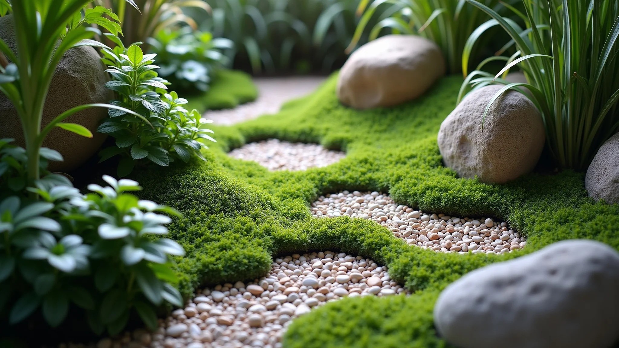 Jardim de pedras com plantas rasteiras cobrindo o solo.