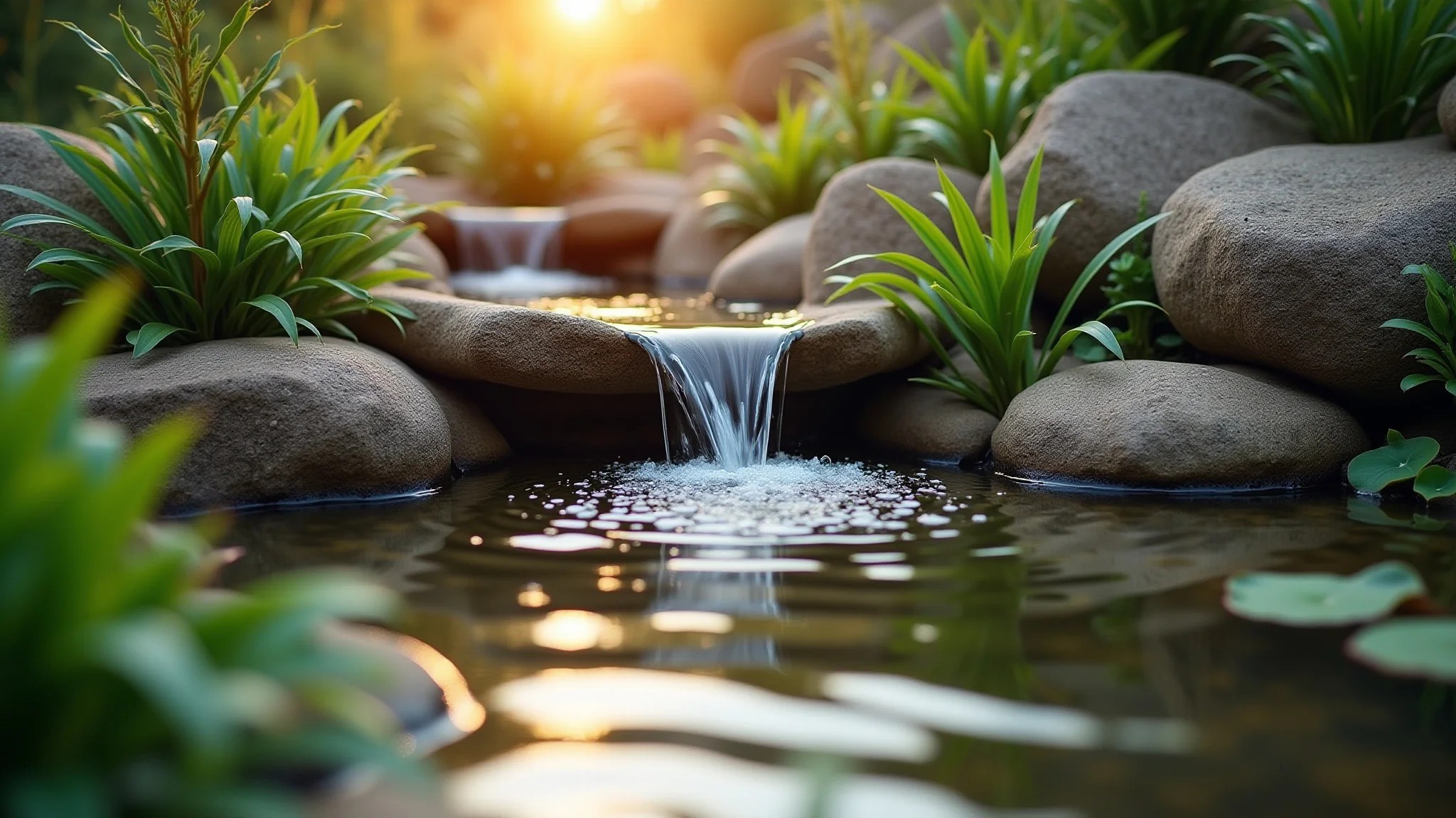 Jardim de pedras com fonte e plantas aquáticas, criando um oásis em casa.