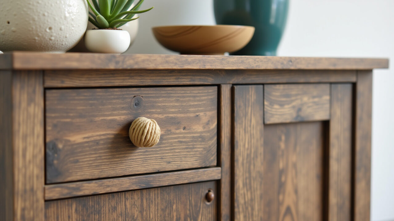 Professional photography of a rustic cabinet with rope pulls in a cozy Brazilian home, showcasing a Armário rústico com puxadores de corda em casa brasileira.