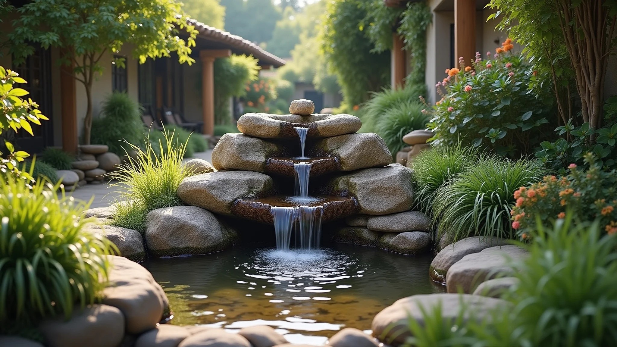 Jardim rústico com fonte de pedra e água corrente, criando atmosfera relaxante.