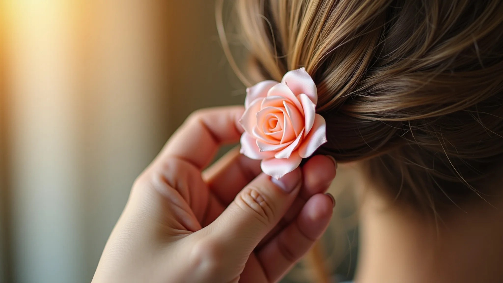 Flor de cetim decorando um acessório de cabelo, estilo brasileiro.