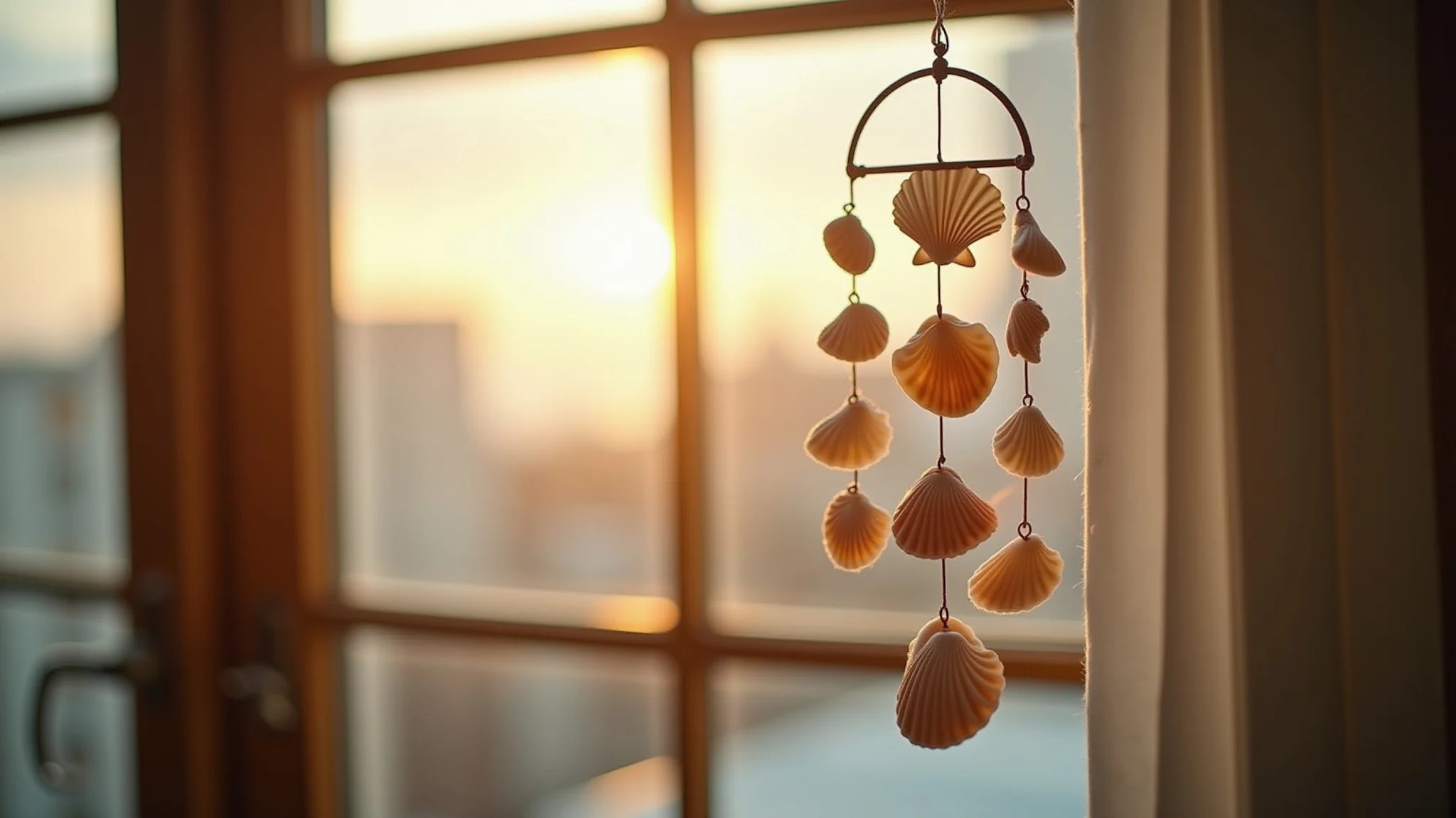 Móbile de conchas pendurado em janela, decoração de casa brasileira.