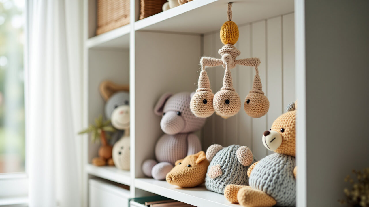 Prateleira com itens artesanais para quarto de bebê.