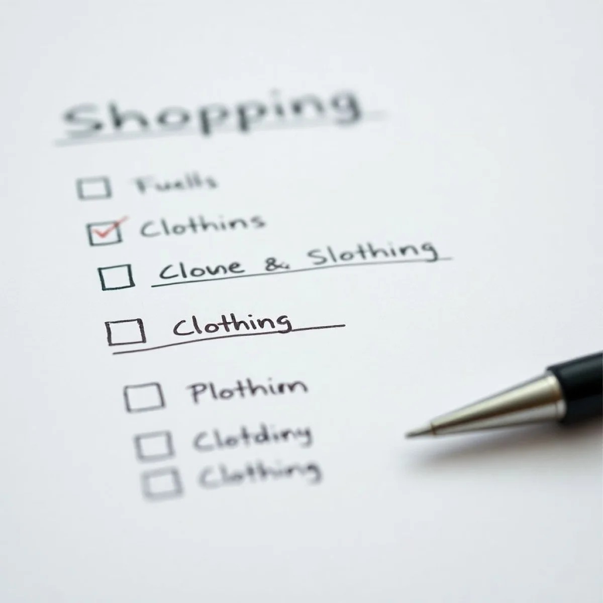 Lista de compras com itens de roupa riscados, simbolizando o controle dos impulsos.