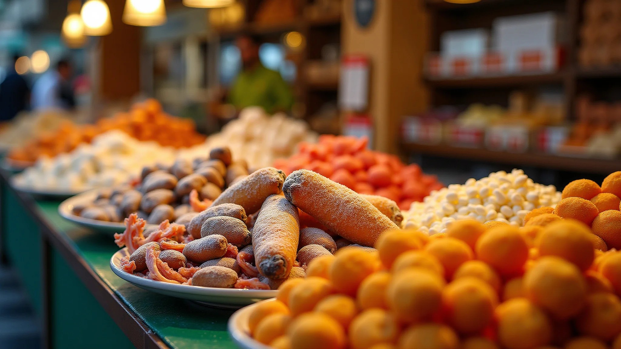 Mercado siciliano com frutos do mar frescos, arancini e cannoli.