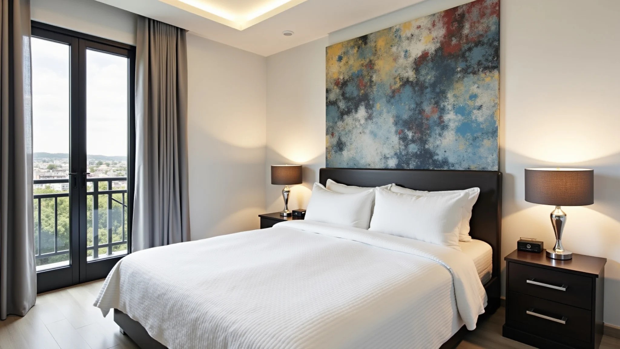 Quarto de solteiro com cabeceira personalizada com arte abstrata, estilo brasileiro.