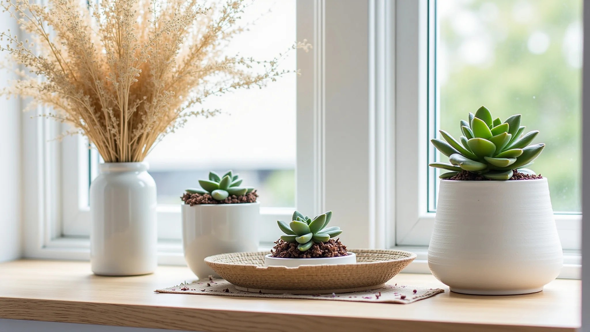 Varanda de apartamento transformada em espaço aconchegante com luzes, vasos e flores artificiais da Shopee.