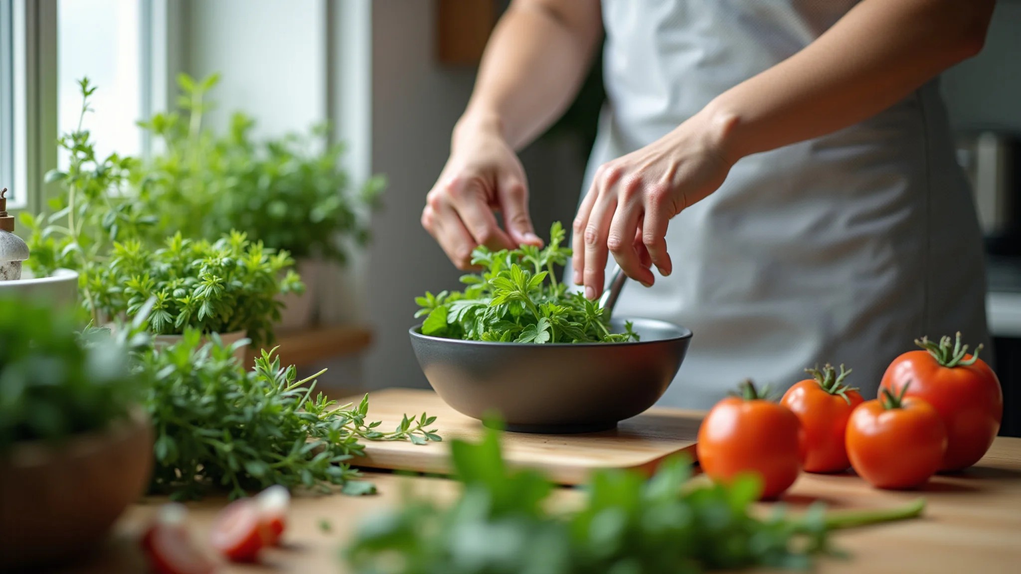 Cozinha de apartamento com ervas frescas da horta sendo usadas para cozinhar.
