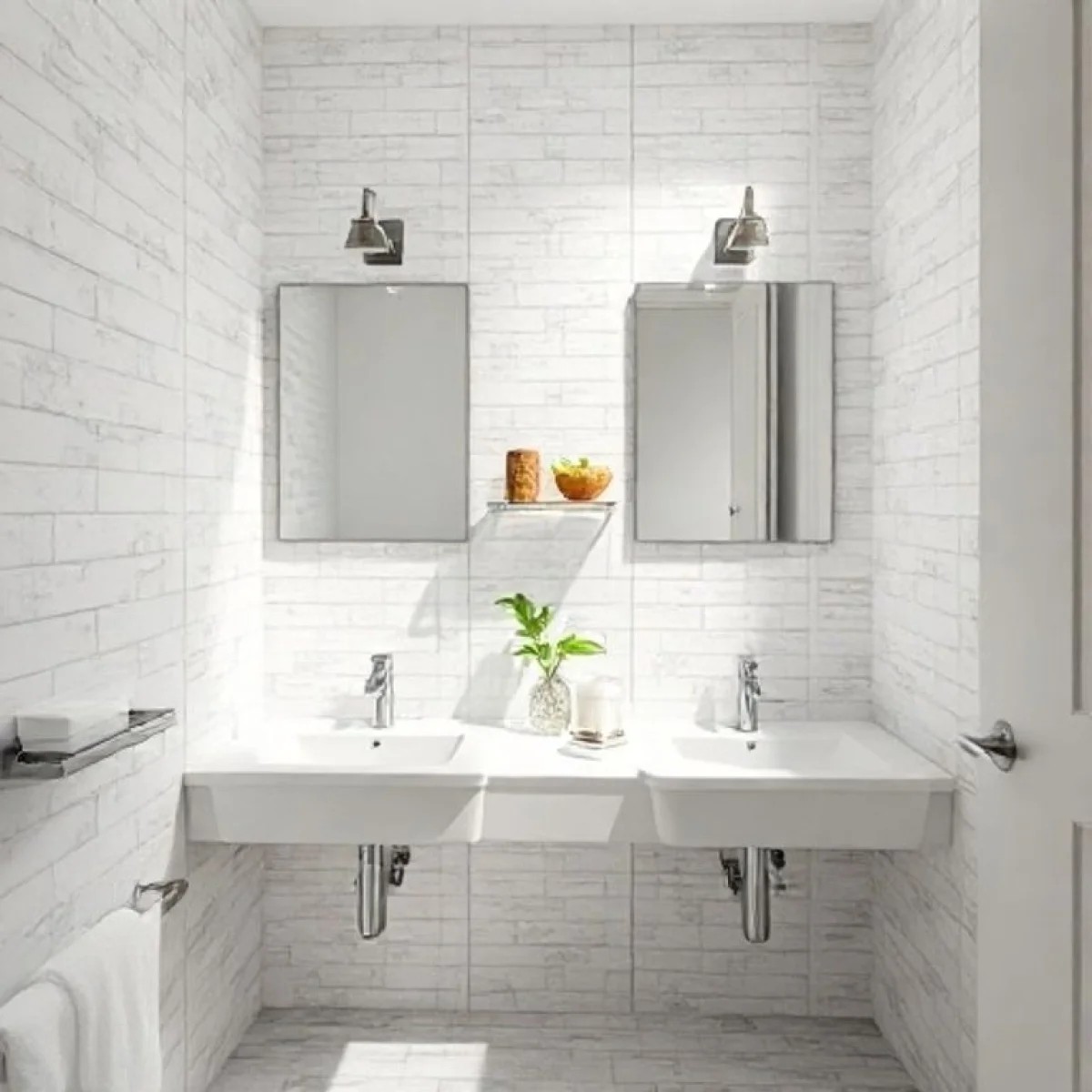 Banheiro pequeno com duas cubas compactas e iluminação natural.