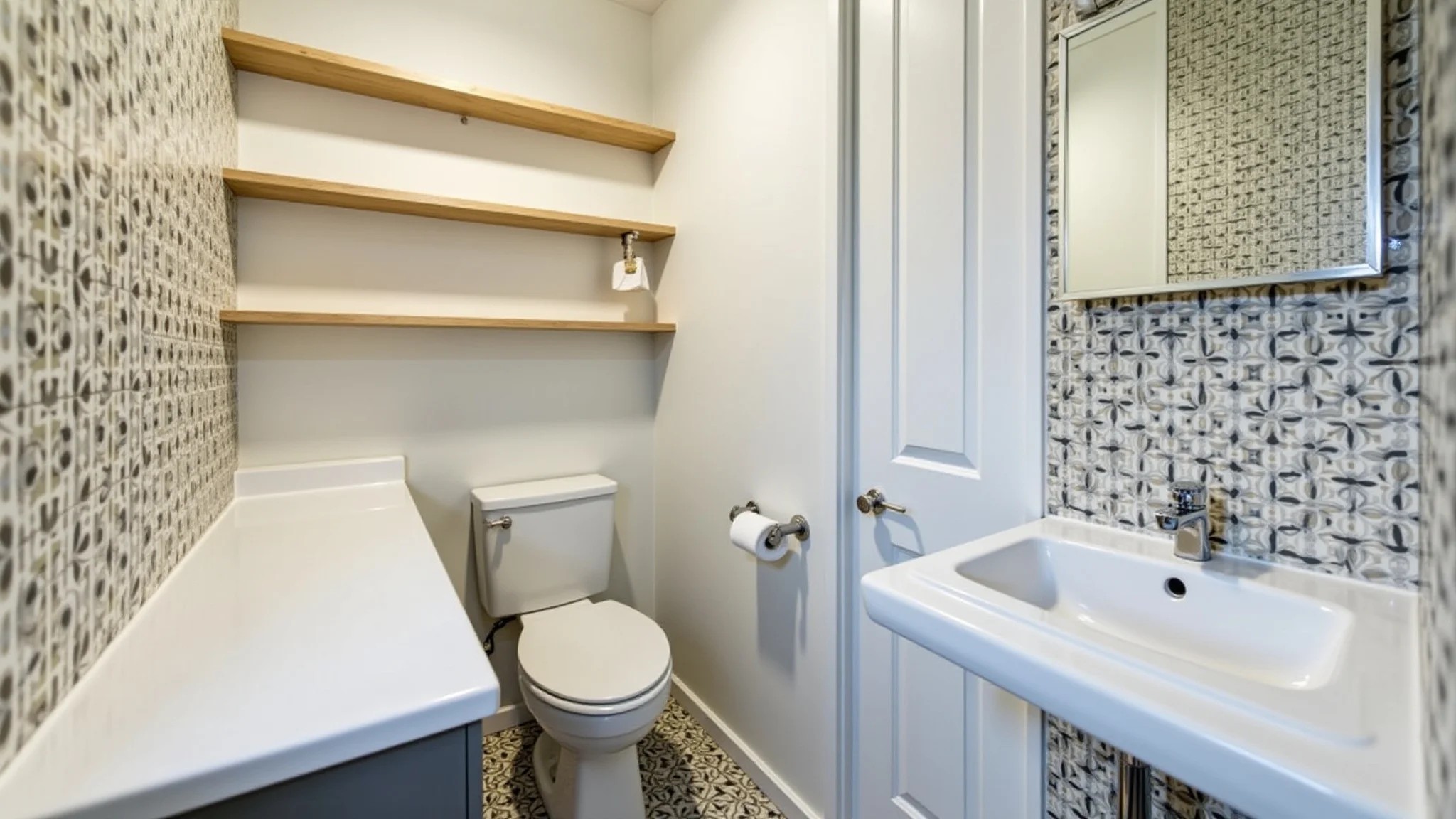 Banheiro pequeno com azulejos estampados, prateleiras flutuantes e pia moderna.