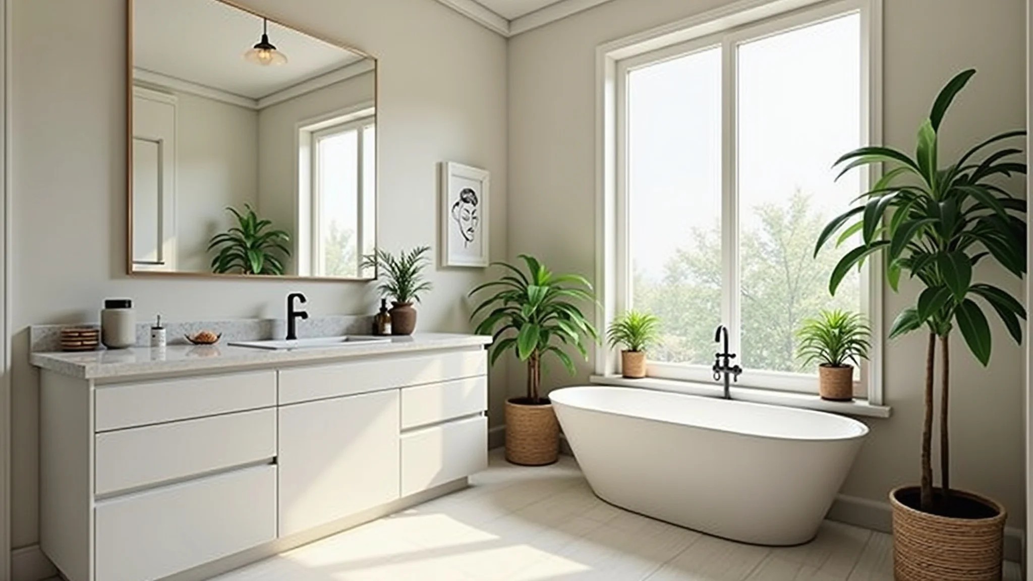 Banheiro pequeno com paredes off-white, espelho grande, plantas, ambiente amplo e convidativo.