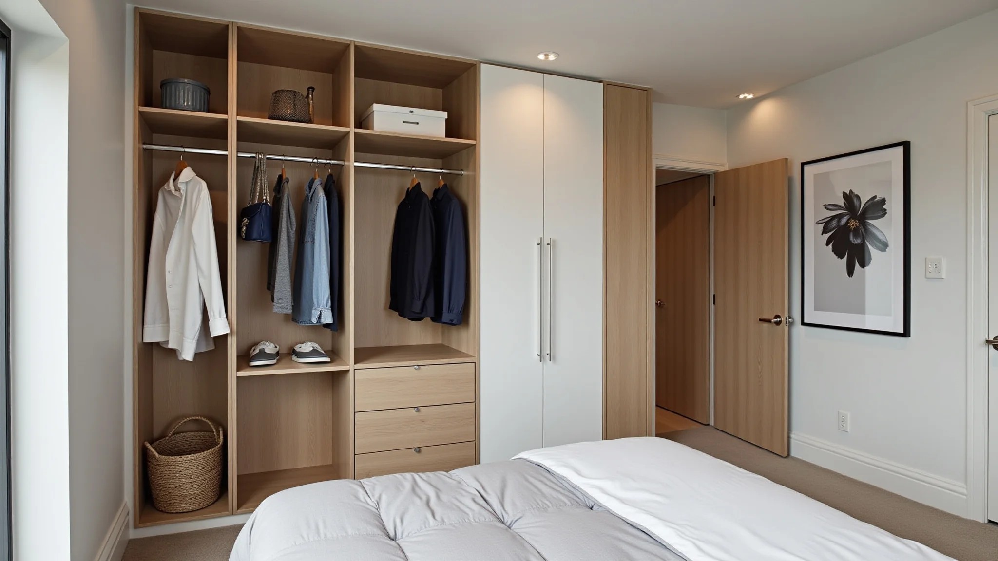 Quarto de casal pequeno com closet planejado e organização interna otimizada.