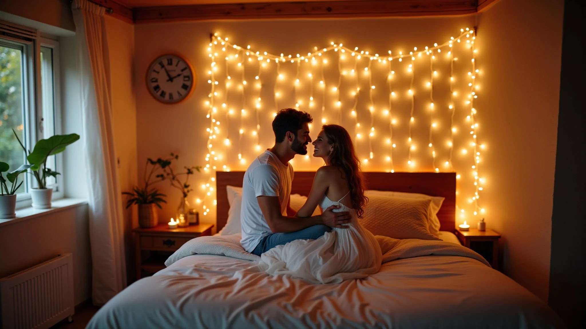 Quarto de casal pequeno decorado com pisca-piscas, criando ambiente romântico e acolhedor.