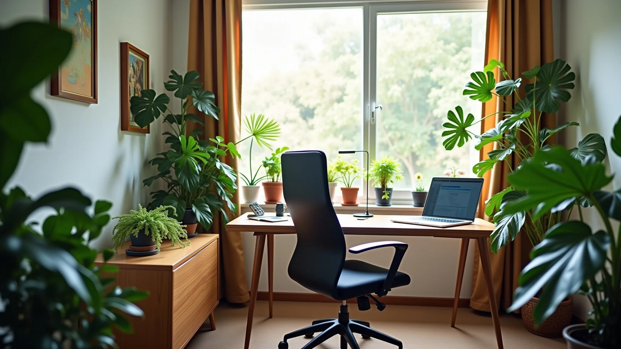 Plantas decorando home office pequeno, trazendo natureza e bem-estar ao ambiente.