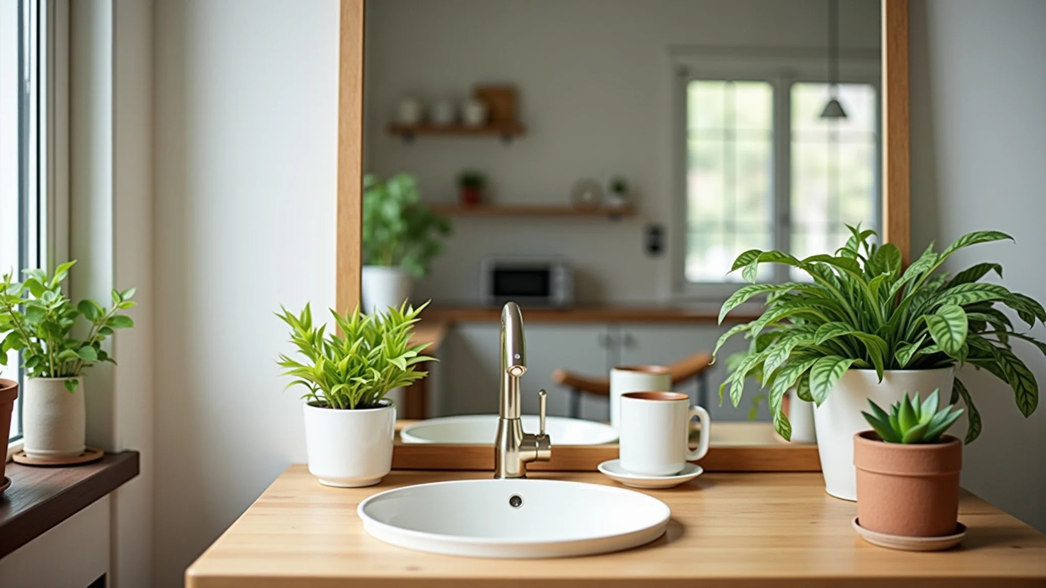 Cozinha pequena com espelho ampliando o espaço, plantas e acessórios coloridos.
