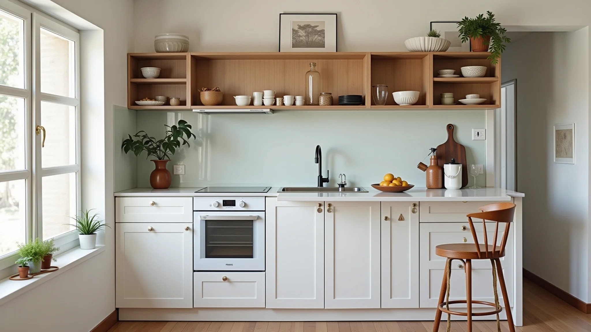 Pequena península de cozinha com prateleiras abertas e itens decorativos, estilo brasileiro.