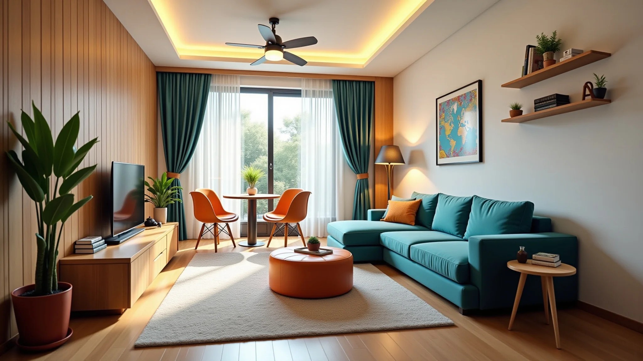 Sala pequena com móveis multifuncionais, sofá-cama, estilo brasileiro.